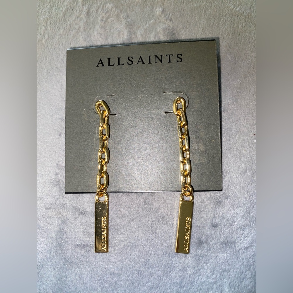 BNWT All Saints Gold Logo Etched Chain Link Linear Drop Earrings